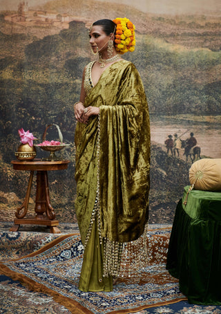 Rang-E-Mehfil Olive Sari And Blouse by Itrh available on Indiaspopup.com