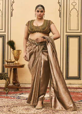 Cocoa brown jadaau silk tissue sari set