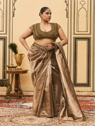 Cocoa brown jadaau silk tissue sari set