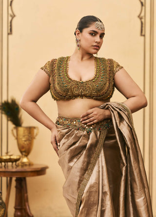 Cocoa brown jadaau silk tissue sari set