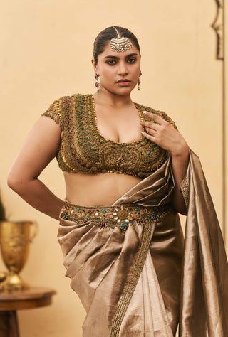 Cocoa brown jadaau silk tissue sari set