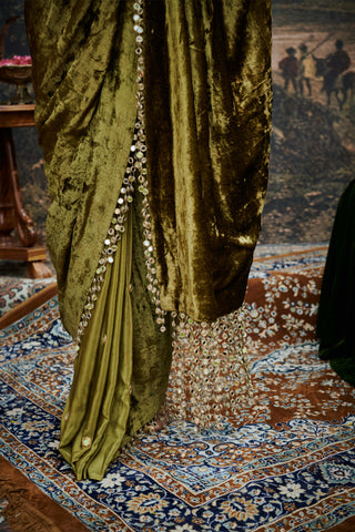 Rang-E-Mehfil Olive Sari And Blouse by Itrh available on Indiaspopup.com