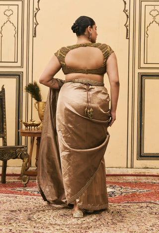 Cocoa brown jadaau silk tissue sari set