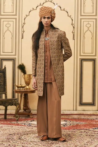 Dark brown banarasi layered jacket set