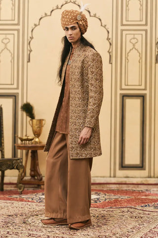Dark brown banarasi layered jacket set