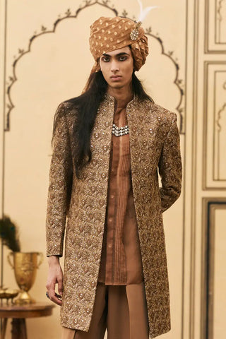 Dark brown banarasi layered jacket set