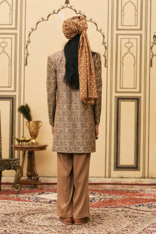 Dark brown banarasi layered jacket set