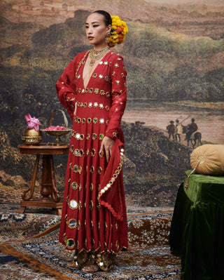 Inara Red Anarkali Set by Itrh available on Indiaspopup.com