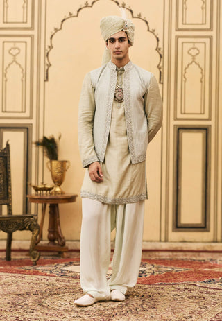 Aqua gray textured silk bundi set