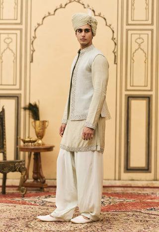 Aqua gray textured silk bundi set