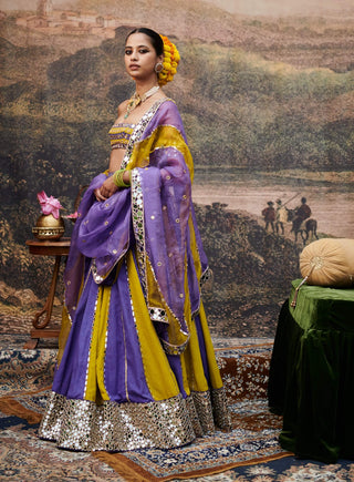 Hari Varn Yellow Purple Lehenga Set by Itrh available on Indiaspopup.com