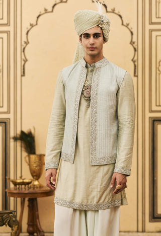 Aqua gray textured silk bundi set