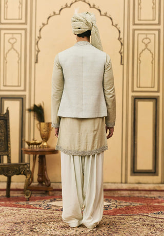 Aqua gray textured silk bundi set
