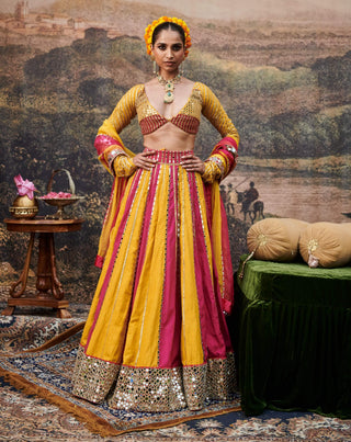 Padma Peet Yellow Pink Lehenga Set by Itrh available on Indiaspopup.com