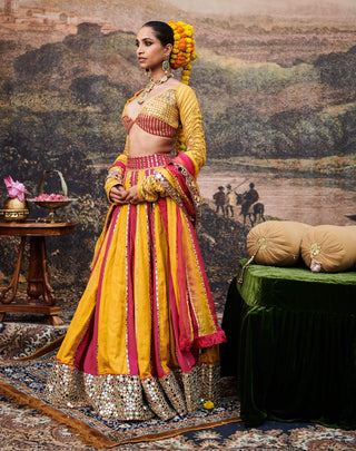 Padma Peet Yellow Pink Lehenga Set by Itrh available on Indiaspopup.com