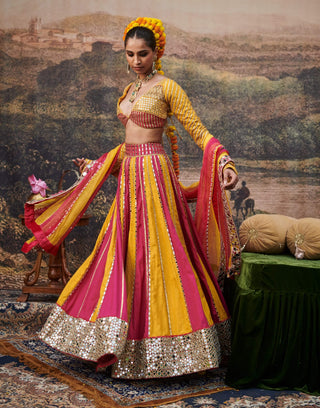 Padma Peet Yellow Pink Lehenga Set by Itrh available on Indiaspopup.com