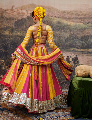 Padma Peet Yellow Pink Lehenga Set by Itrh available on Indiaspopup.com