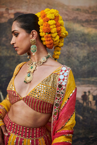 Padma Peet Yellow Pink Lehenga Set by Itrh available on Indiaspopup.com