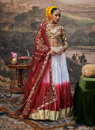 Surkh Red White Lehenga Set by Itrh available on Indiaspopup.com