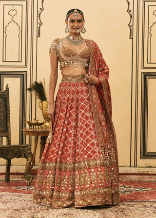 Lalima red bandhej bridal lehenga set