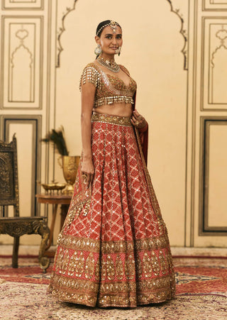 Lalima red bandhej bridal lehenga set
