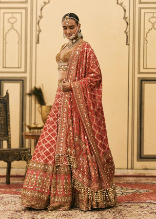 Lalima red bandhej bridal lehenga set