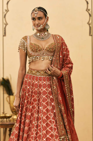 Lalima red bandhej bridal lehenga set