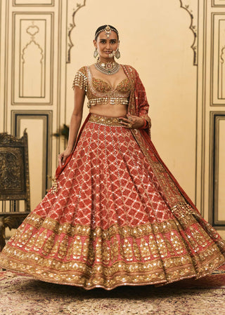Lalima red bandhej bridal lehenga set