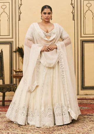 Ivory threadwork draped organza lehenga set