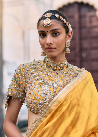 Yellow rajrekha sari and blouse