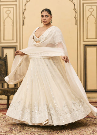 Ivory threadwork draped organza lehenga set