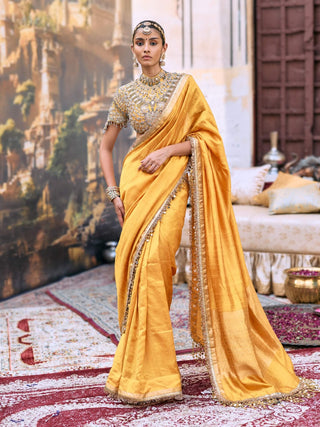 Yellow rajrekha sari and blouse