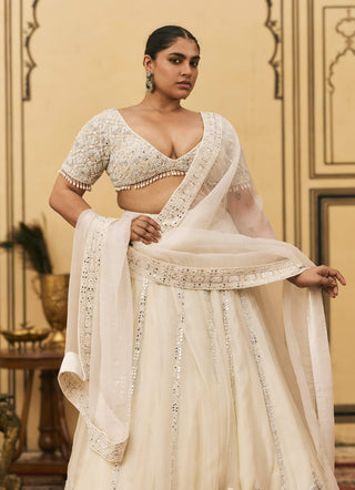 Ivory threadwork draped organza lehenga set