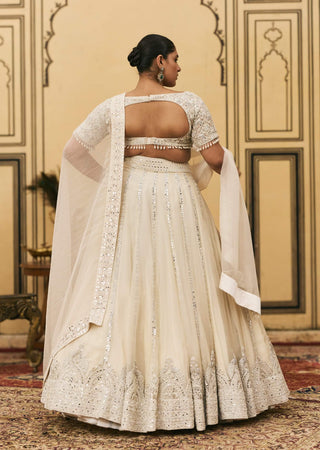 Ivory threadwork draped organza lehenga set