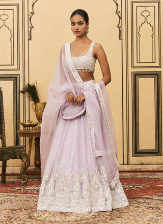 Lilac pastel draped organza lehenga set