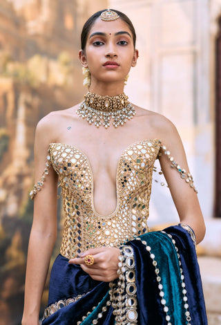 Teal and blue arghya sari and corset