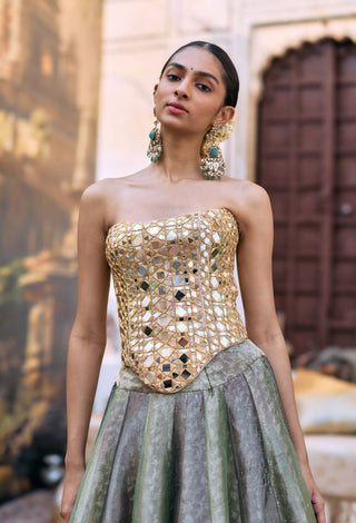 Green and black harini lehenga and corset set