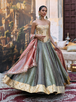 Green and black harini lehenga and corset set