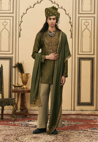 Olive green zardozi chanderi kurta set