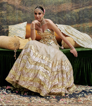 Nagma Gold Lehenga Set by Itrh available on Indiaspopup.com