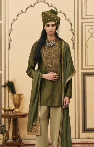 Olive green zardozi chanderi kurta set