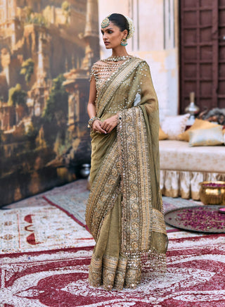 Green tarangini sari and mirror bralette set