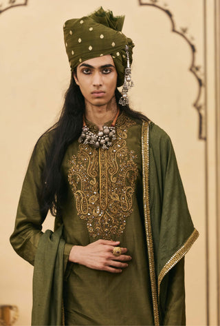 Olive green zardozi chanderi kurta set