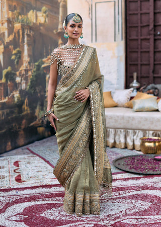 Green tarangini sari and mirror bralette set
