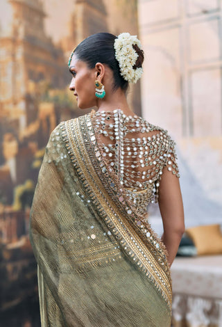 Green tarangini sari and mirror bralette set