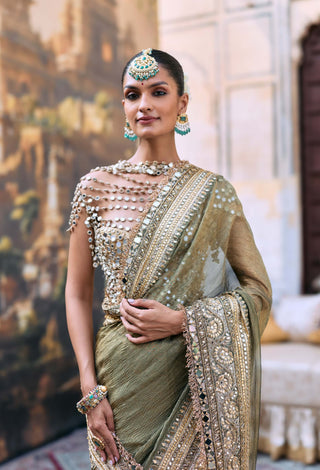 Green tarangini sari and mirror bralette set