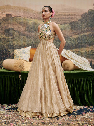 Aafreen Beige Gold Lehenga Set by Itrh available on Indiaspopup.com