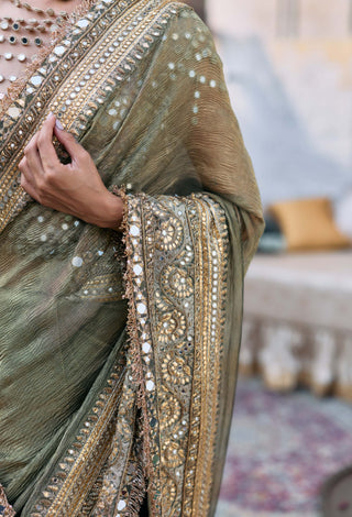 Green tarangini sari and mirror bralette set