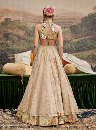 Aafreen Beige Gold Lehenga Set by Itrh available on Indiaspopup.com