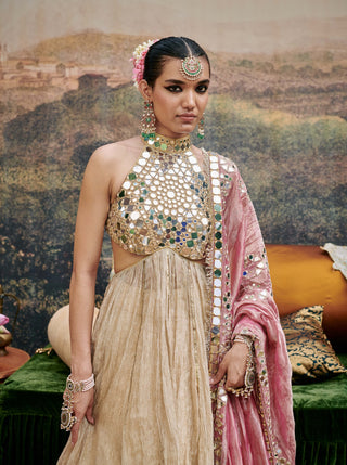 Aafreen Beige Gold Lehenga Set by Itrh available on Indiaspopup.com